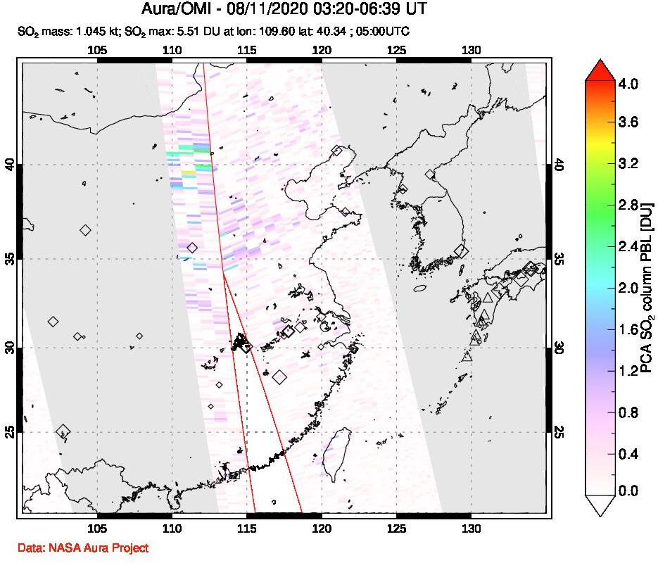 A sulfur dioxide image over Eastern China on Aug 11, 2020.