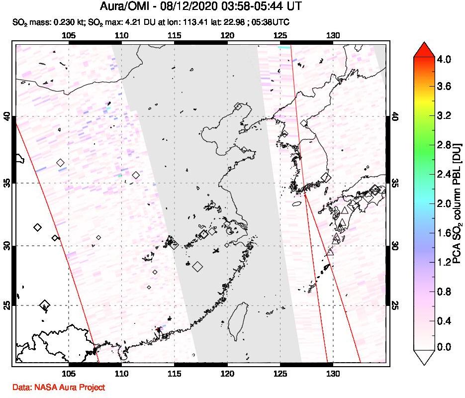 A sulfur dioxide image over Eastern China on Aug 12, 2020.