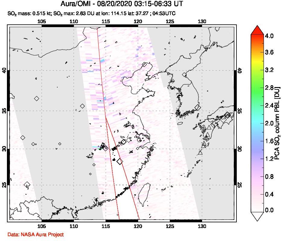 A sulfur dioxide image over Eastern China on Aug 20, 2020.
