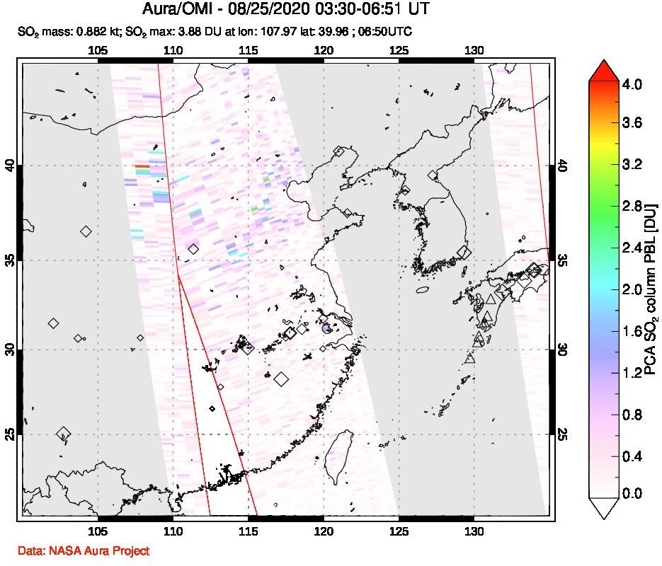 A sulfur dioxide image over Eastern China on Aug 25, 2020.