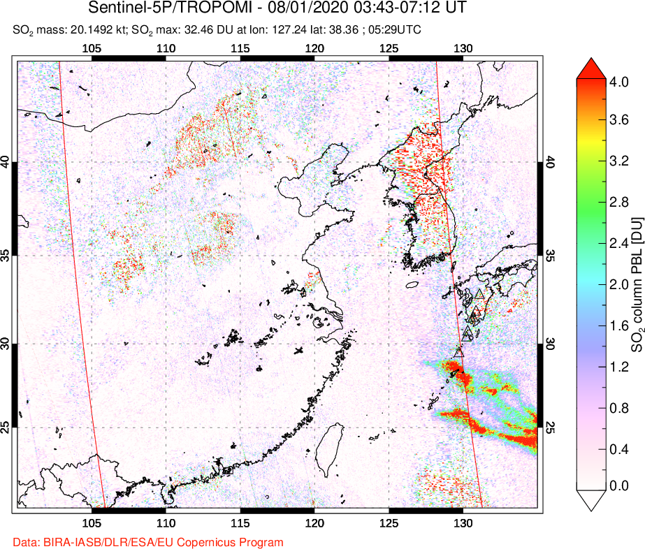 A sulfur dioxide image over Eastern China on Aug 01, 2020.