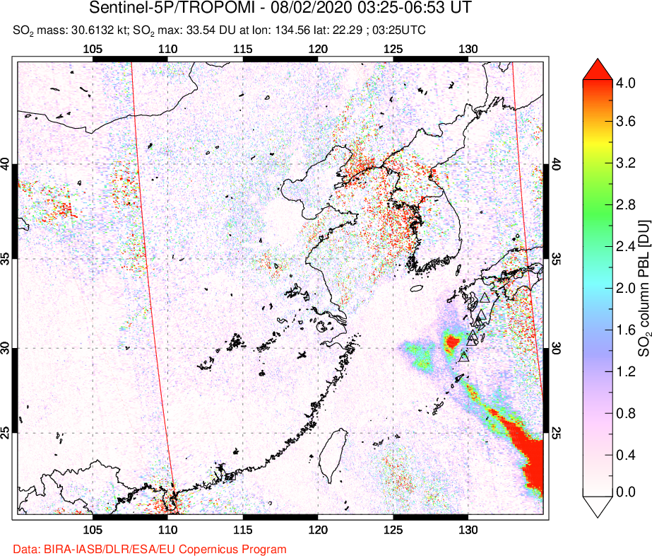 A sulfur dioxide image over Eastern China on Aug 02, 2020.
