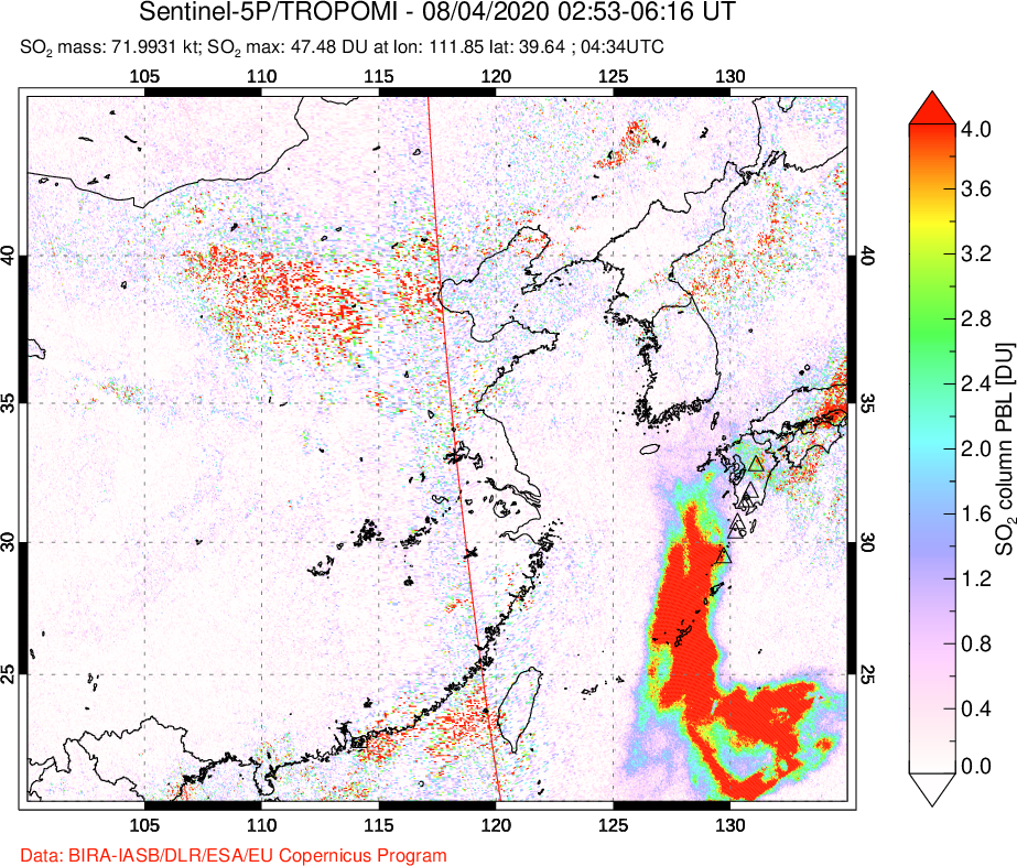 A sulfur dioxide image over Eastern China on Aug 04, 2020.