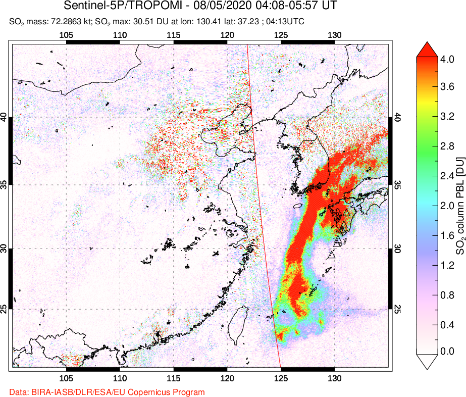 A sulfur dioxide image over Eastern China on Aug 05, 2020.