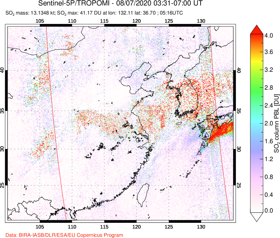A sulfur dioxide image over Eastern China on Aug 07, 2020.