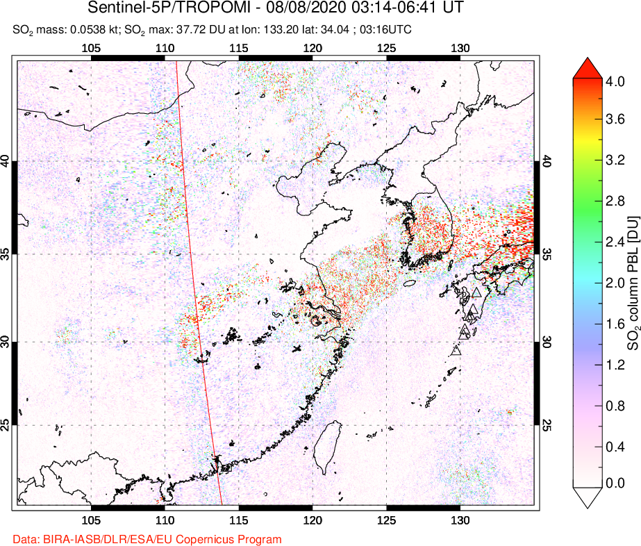 A sulfur dioxide image over Eastern China on Aug 08, 2020.