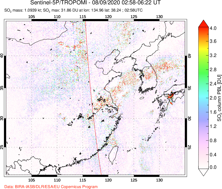 A sulfur dioxide image over Eastern China on Aug 09, 2020.