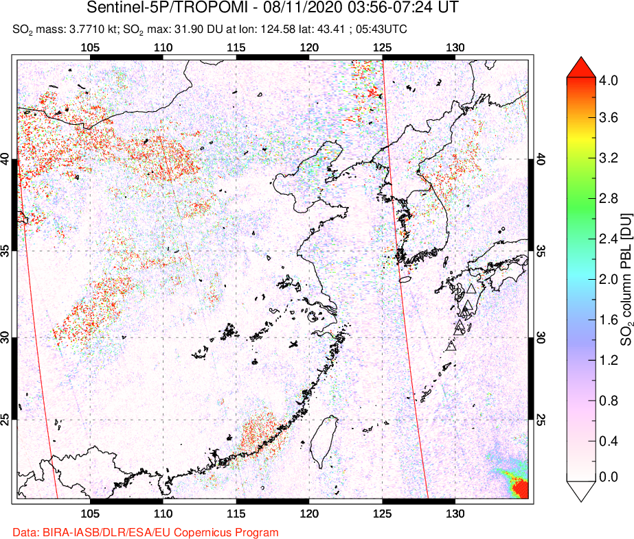 A sulfur dioxide image over Eastern China on Aug 11, 2020.