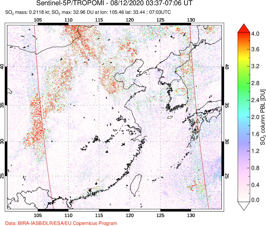 A sulfur dioxide image over Eastern China on Aug 12, 2020.