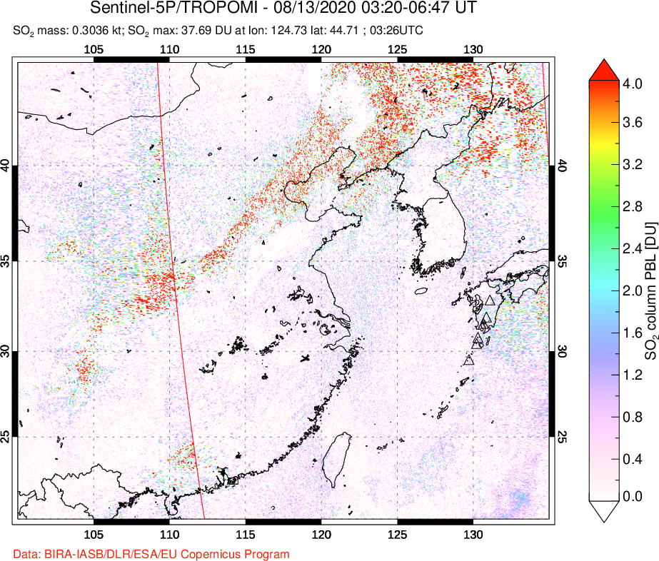 A sulfur dioxide image over Eastern China on Aug 13, 2020.