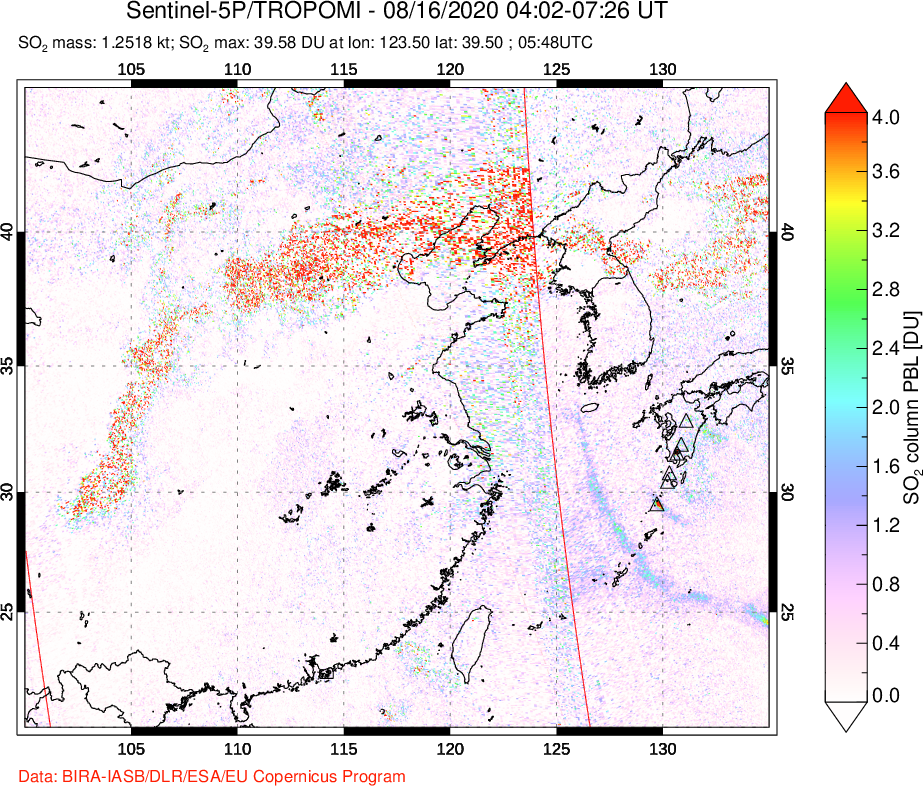 A sulfur dioxide image over Eastern China on Aug 16, 2020.