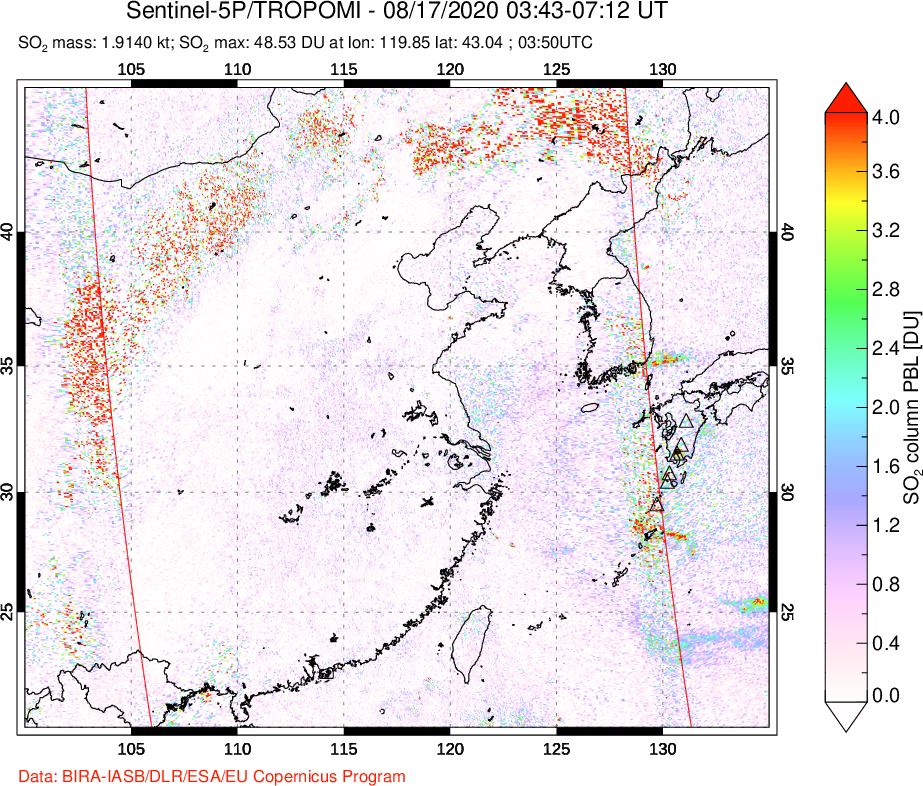 A sulfur dioxide image over Eastern China on Aug 17, 2020.
