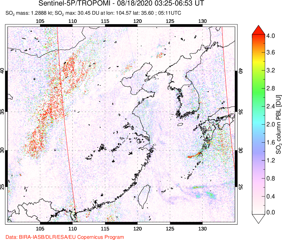A sulfur dioxide image over Eastern China on Aug 18, 2020.