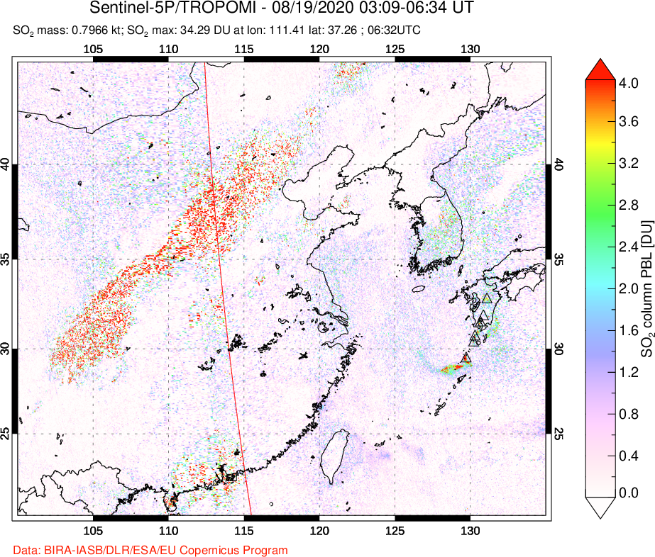 A sulfur dioxide image over Eastern China on Aug 19, 2020.