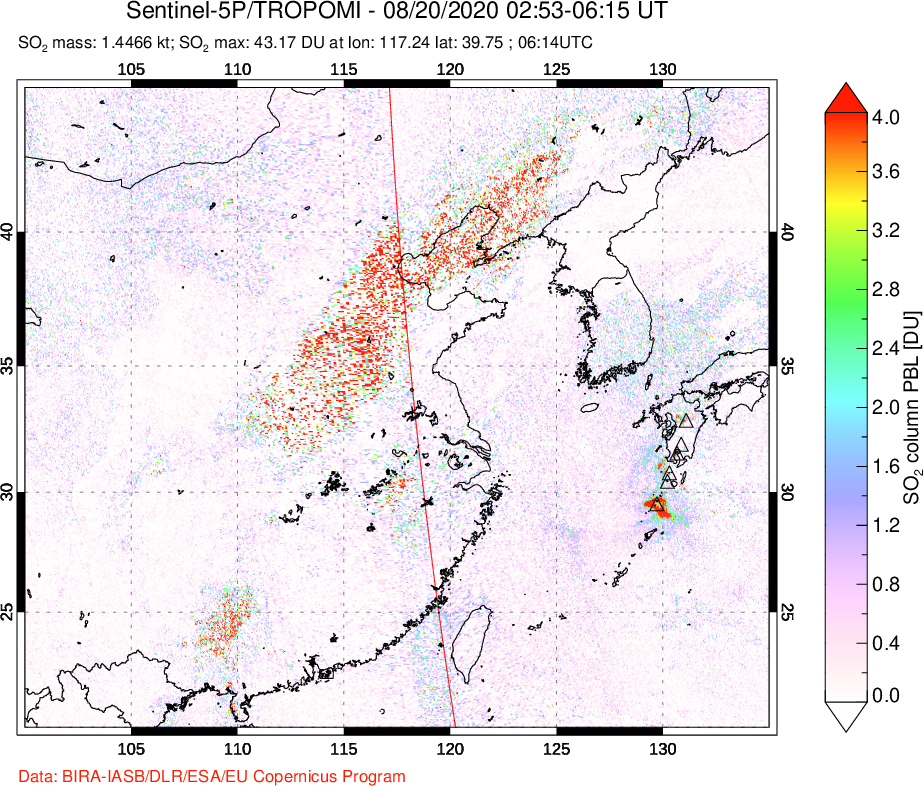 A sulfur dioxide image over Eastern China on Aug 20, 2020.