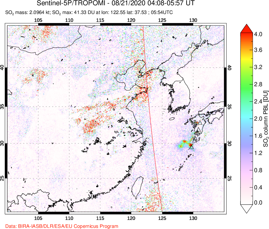 A sulfur dioxide image over Eastern China on Aug 21, 2020.