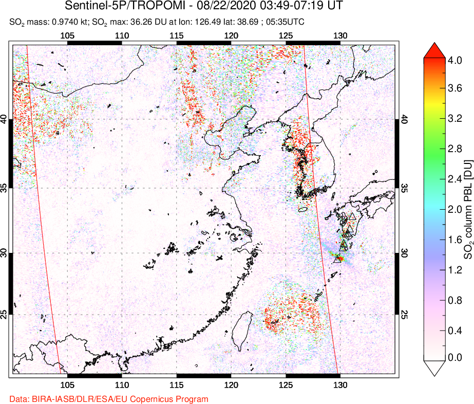 A sulfur dioxide image over Eastern China on Aug 22, 2020.