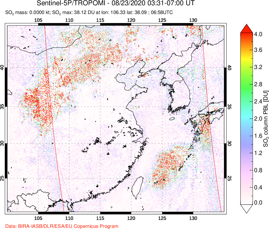 A sulfur dioxide image over Eastern China on Aug 23, 2020.
