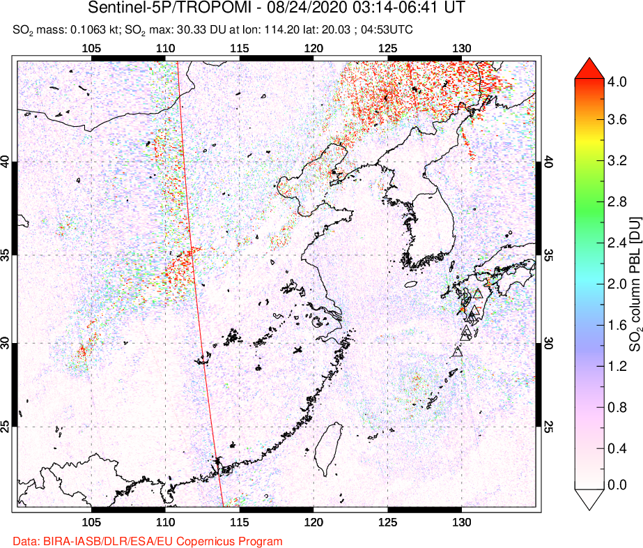 A sulfur dioxide image over Eastern China on Aug 24, 2020.