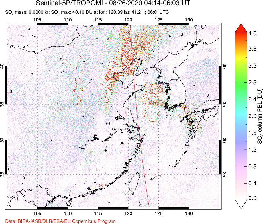A sulfur dioxide image over Eastern China on Aug 26, 2020.