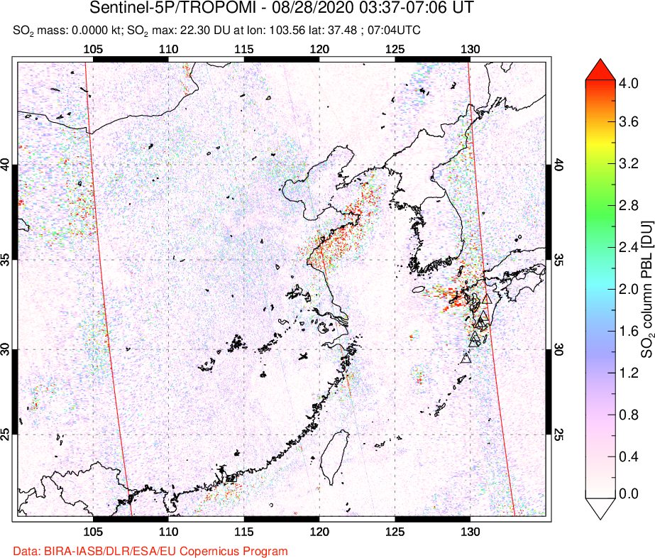 A sulfur dioxide image over Eastern China on Aug 28, 2020.