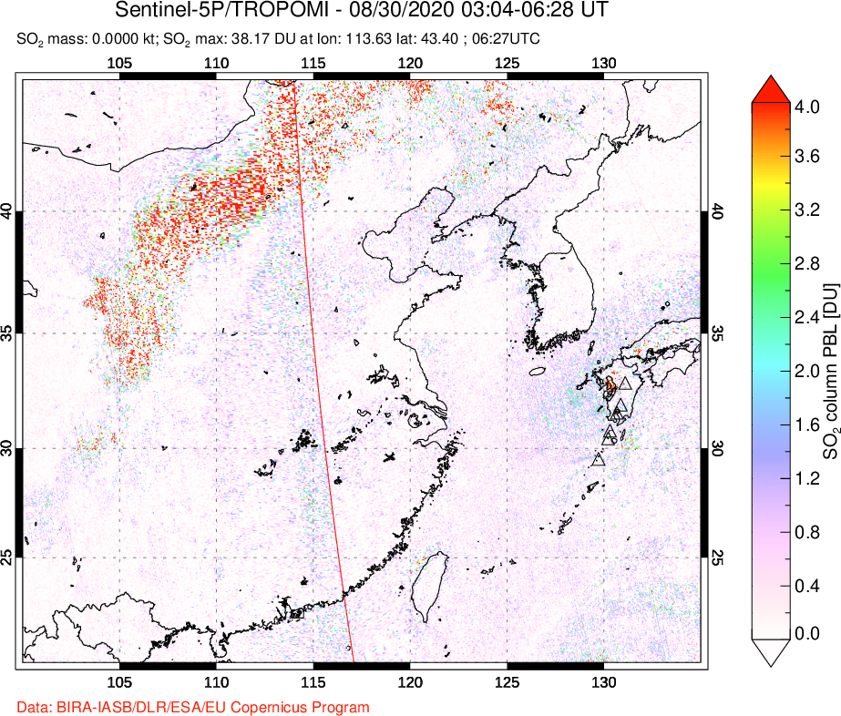 A sulfur dioxide image over Eastern China on Aug 30, 2020.