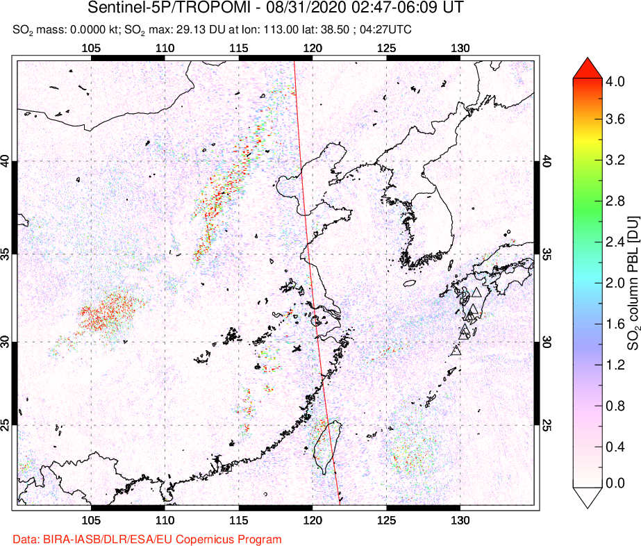 A sulfur dioxide image over Eastern China on Aug 31, 2020.