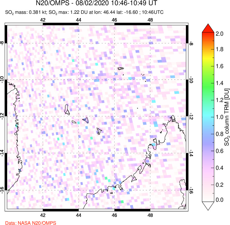 A sulfur dioxide image over Comoro Islands on Aug 02, 2020.