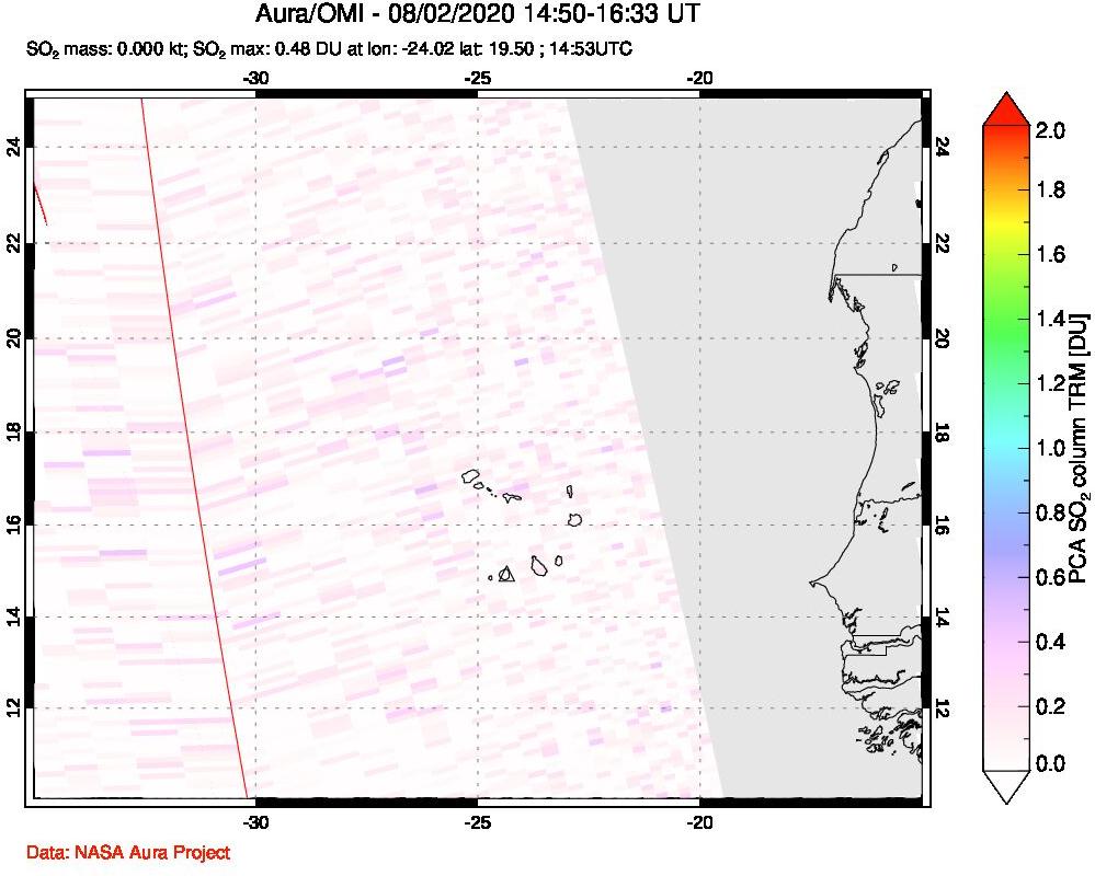 A sulfur dioxide image over Cape Verde Islands on Aug 02, 2020.