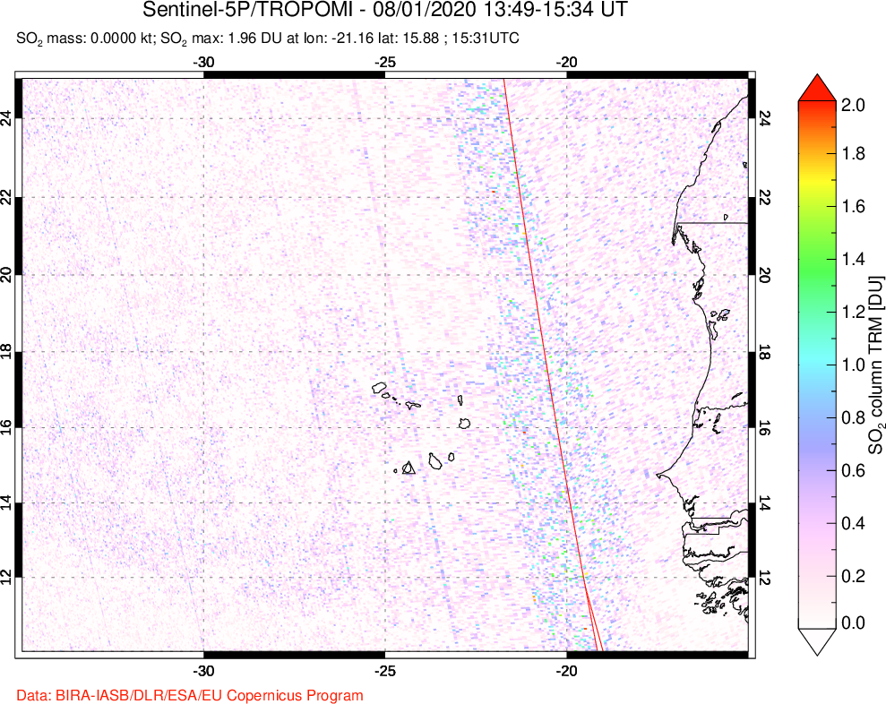 A sulfur dioxide image over Cape Verde Islands on Aug 01, 2020.