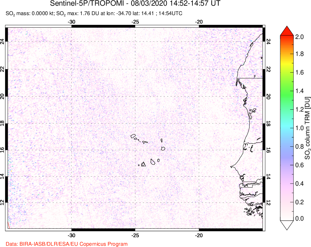 A sulfur dioxide image over Cape Verde Islands on Aug 03, 2020.