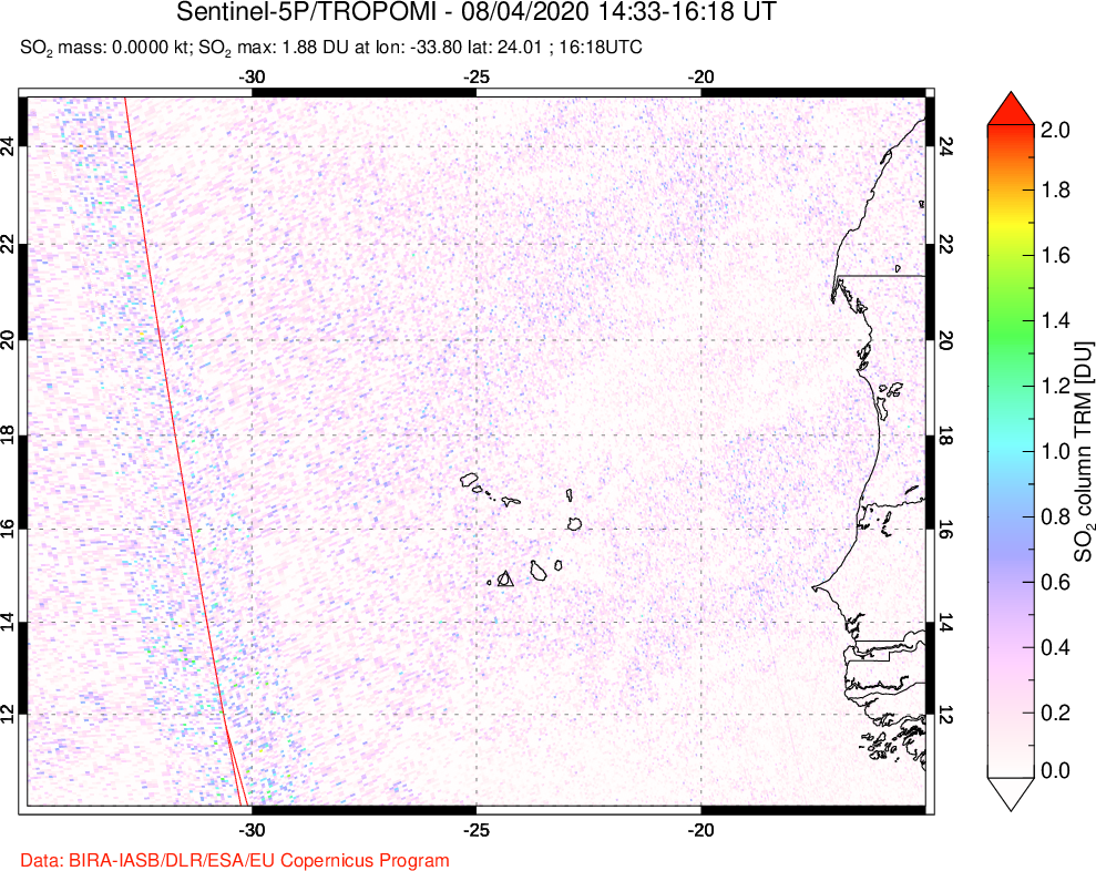 A sulfur dioxide image over Cape Verde Islands on Aug 04, 2020.