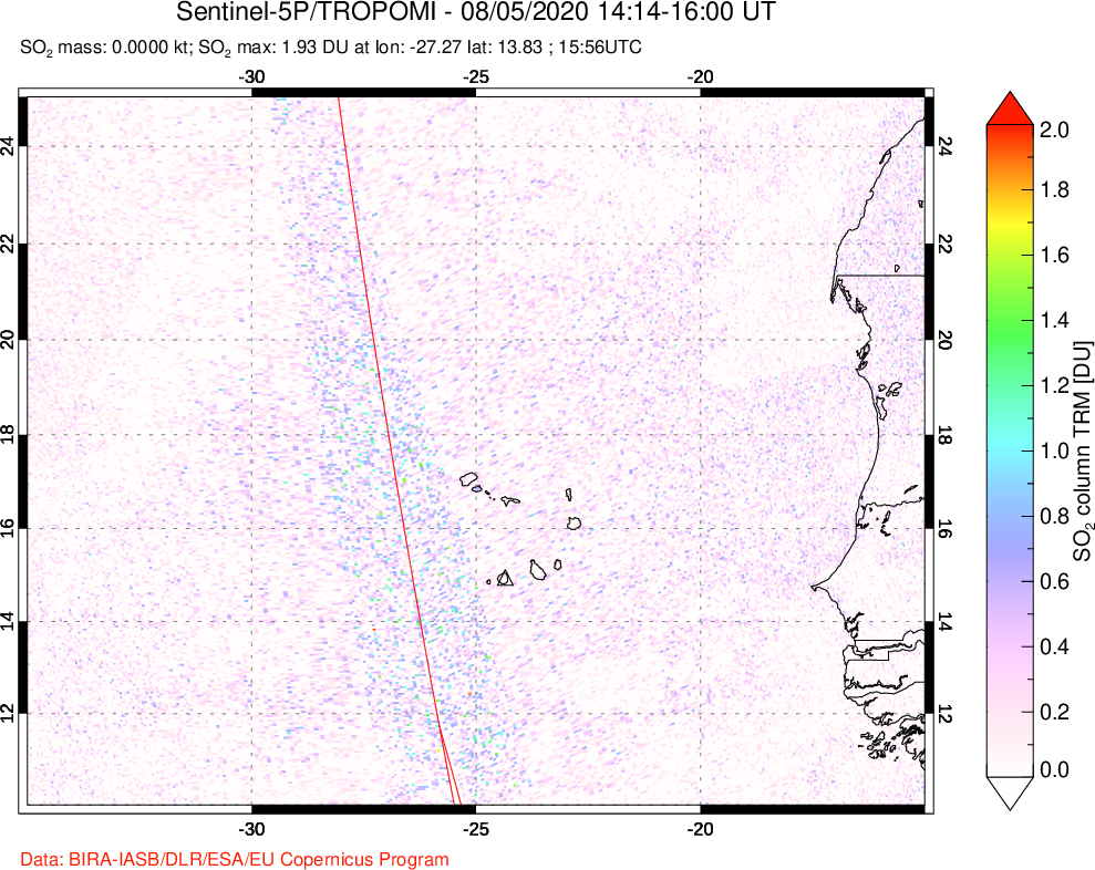 A sulfur dioxide image over Cape Verde Islands on Aug 05, 2020.