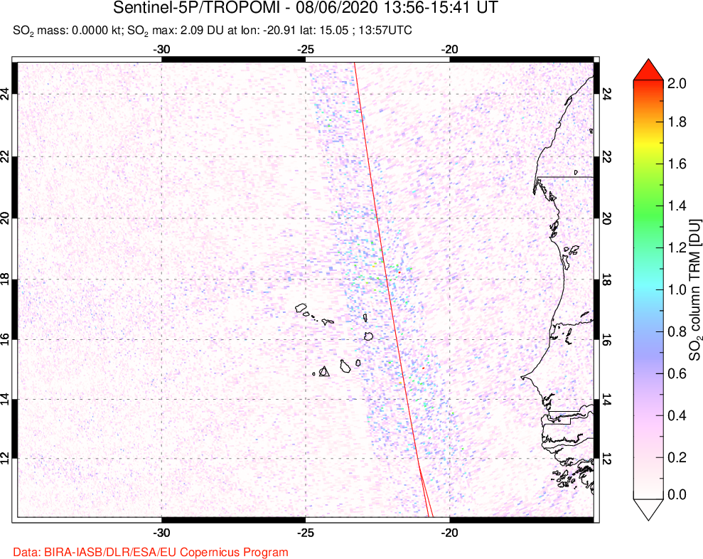 A sulfur dioxide image over Cape Verde Islands on Aug 06, 2020.