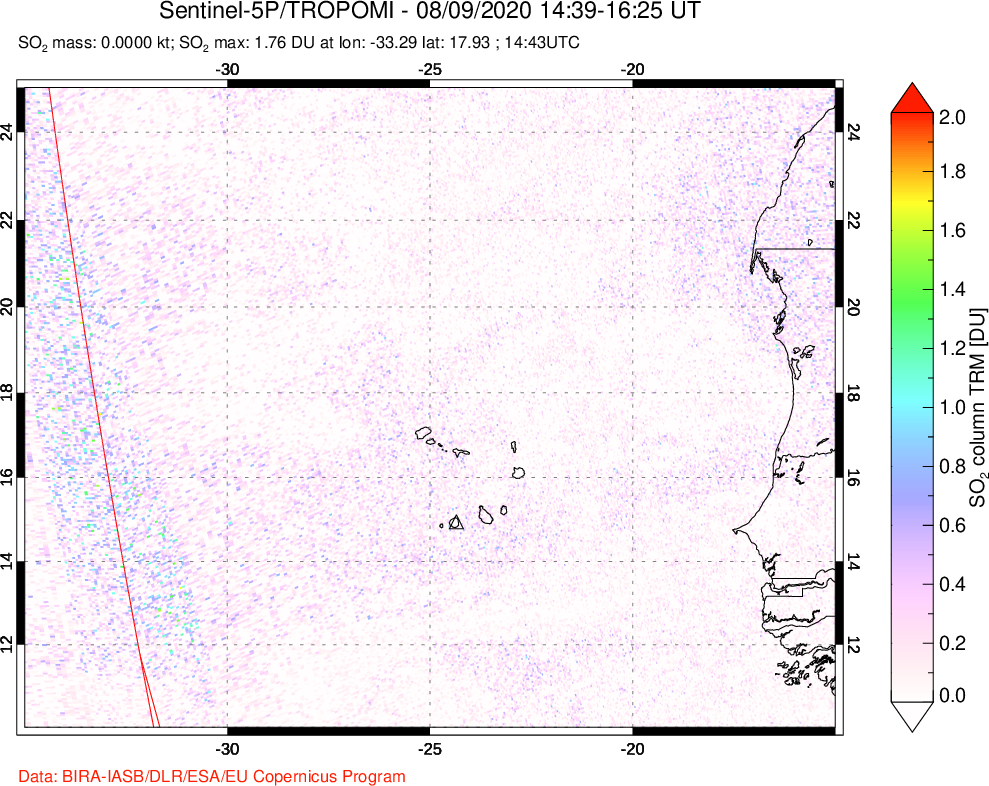 A sulfur dioxide image over Cape Verde Islands on Aug 09, 2020.