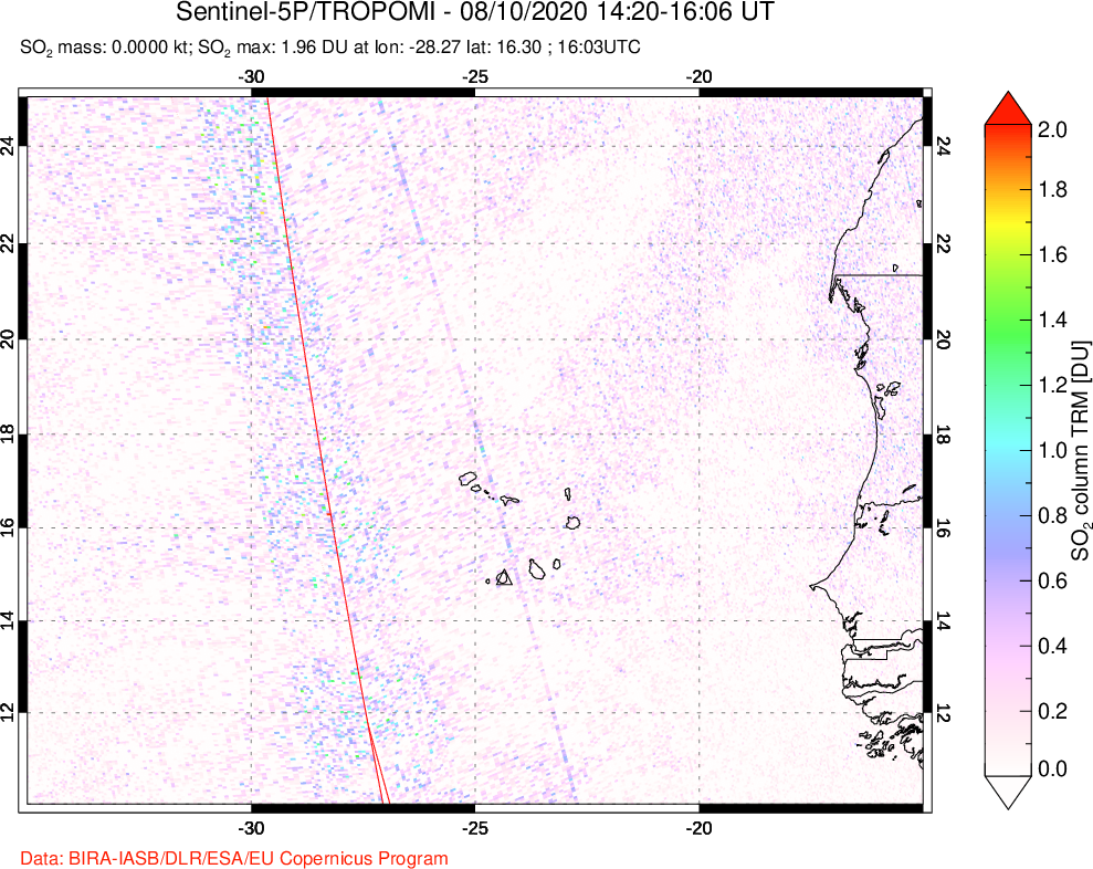 A sulfur dioxide image over Cape Verde Islands on Aug 10, 2020.