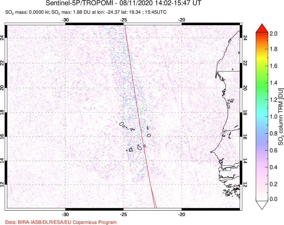 A sulfur dioxide image over Cape Verde Islands on Aug 11, 2020.