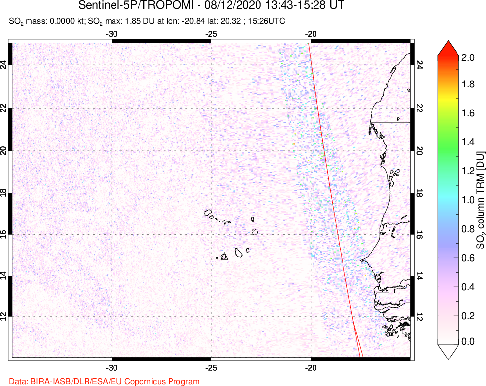 A sulfur dioxide image over Cape Verde Islands on Aug 12, 2020.