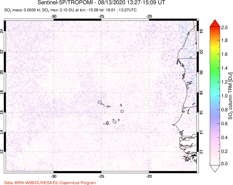 A sulfur dioxide image over Cape Verde Islands on Aug 13, 2020.