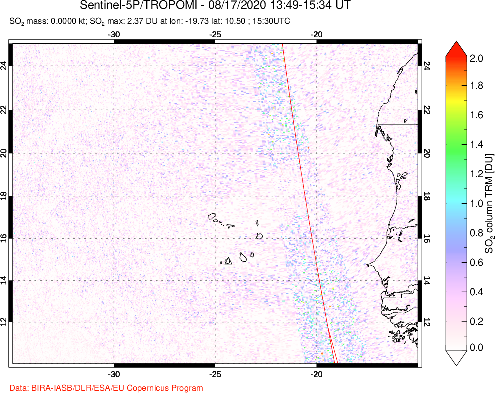A sulfur dioxide image over Cape Verde Islands on Aug 17, 2020.