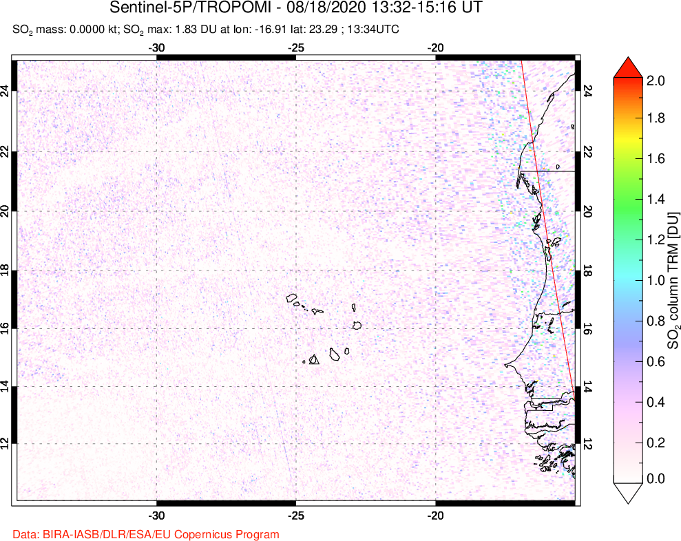 A sulfur dioxide image over Cape Verde Islands on Aug 18, 2020.
