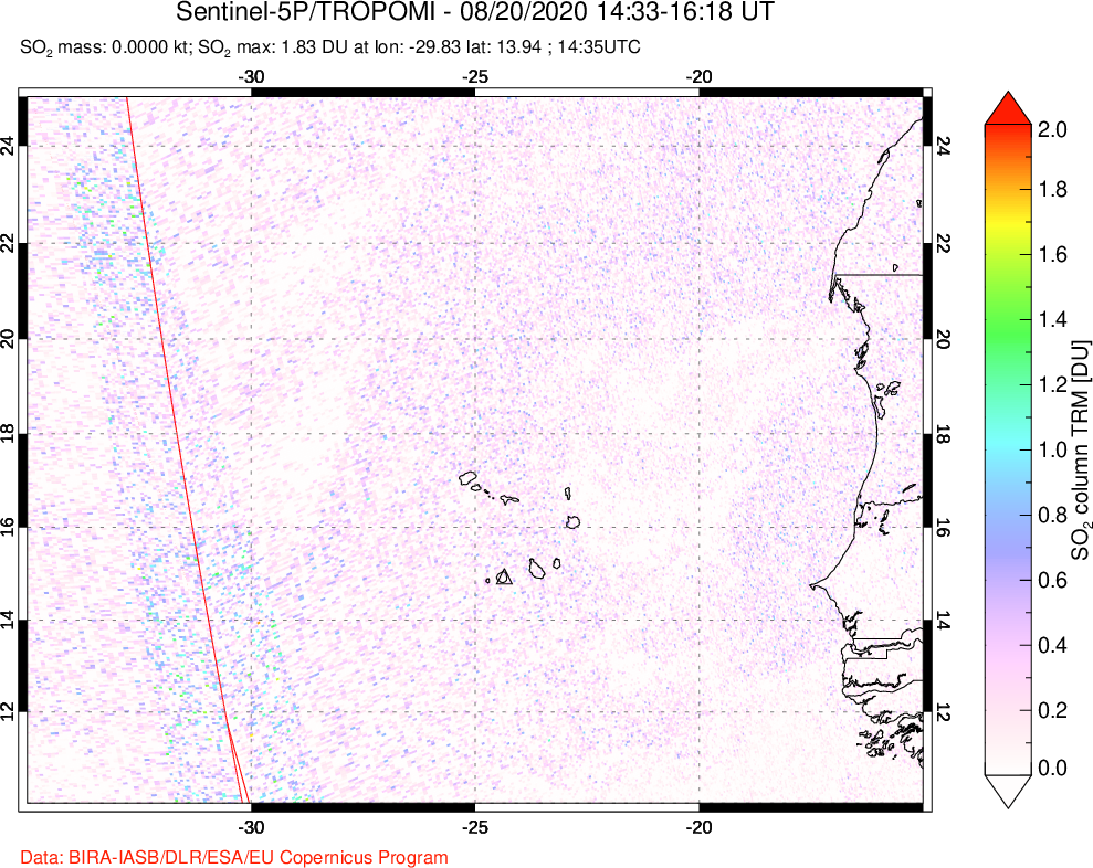 A sulfur dioxide image over Cape Verde Islands on Aug 20, 2020.