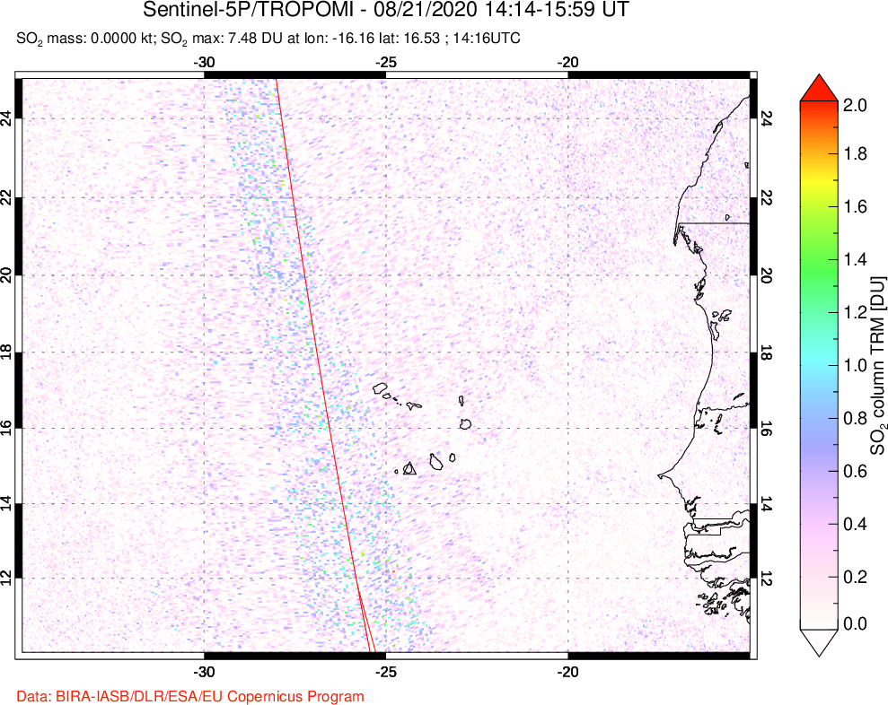 A sulfur dioxide image over Cape Verde Islands on Aug 21, 2020.