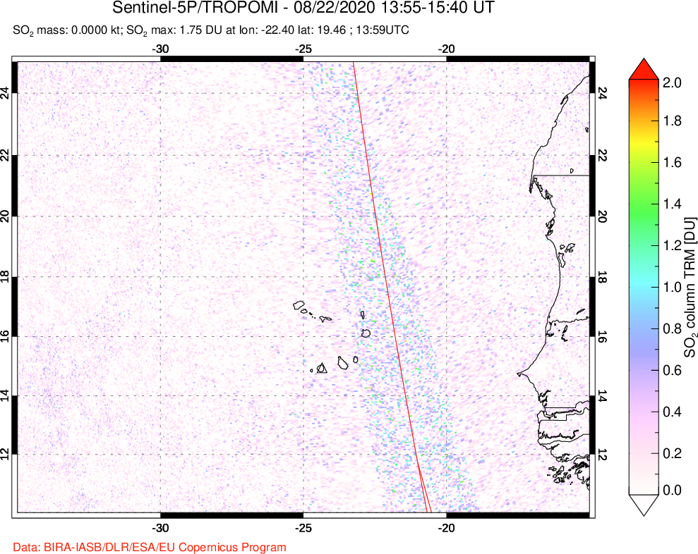 A sulfur dioxide image over Cape Verde Islands on Aug 22, 2020.