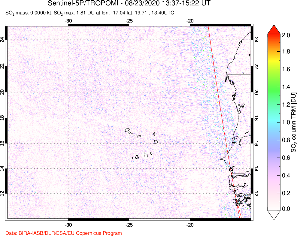 A sulfur dioxide image over Cape Verde Islands on Aug 23, 2020.