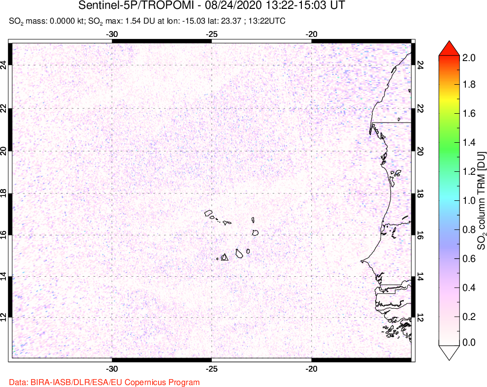 A sulfur dioxide image over Cape Verde Islands on Aug 24, 2020.