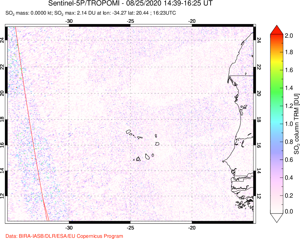 A sulfur dioxide image over Cape Verde Islands on Aug 25, 2020.