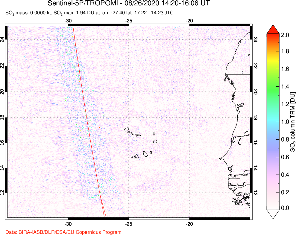 A sulfur dioxide image over Cape Verde Islands on Aug 26, 2020.