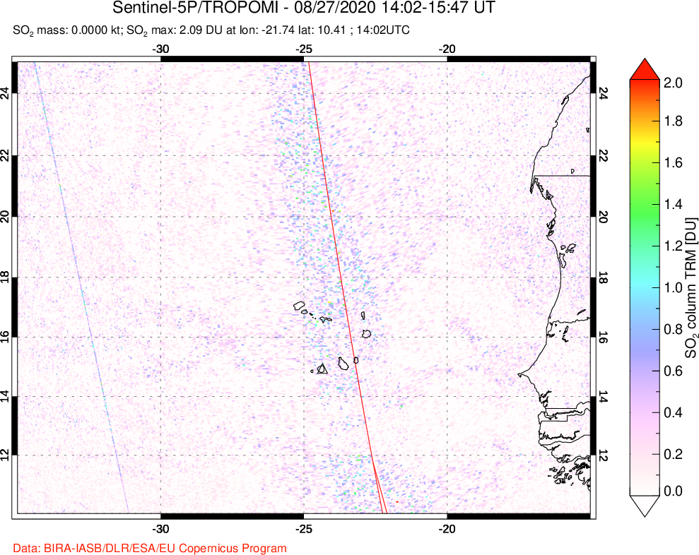 A sulfur dioxide image over Cape Verde Islands on Aug 27, 2020.