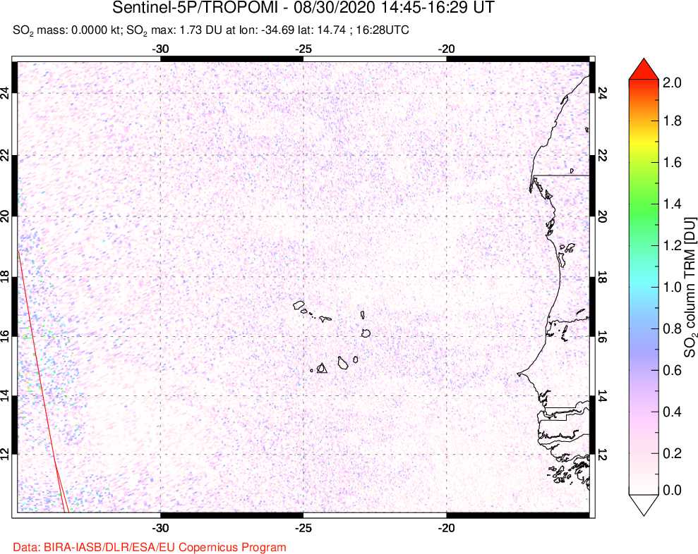 A sulfur dioxide image over Cape Verde Islands on Aug 30, 2020.